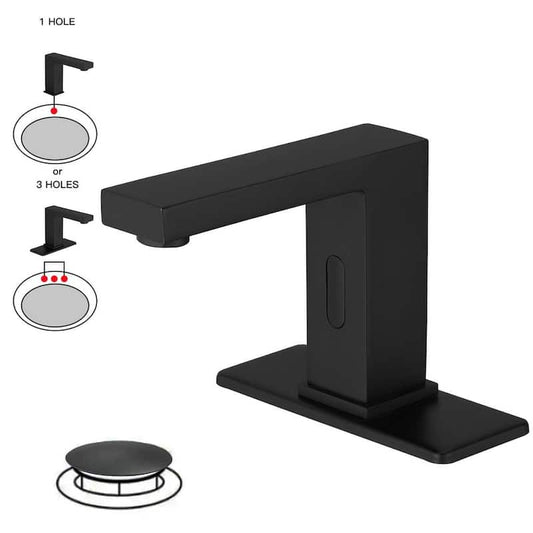 DC Powered Commercial Touchless Single Hole Bathroom Faucet With Deck Plate And Pop Up Drain In Matte Black