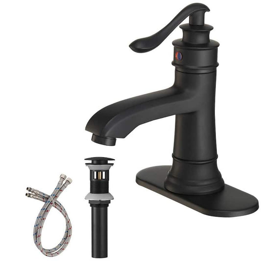 Single Hole Single Handle Low-Arc Bathroom Faucet With Pop-up Drain Assembly in Matte Black