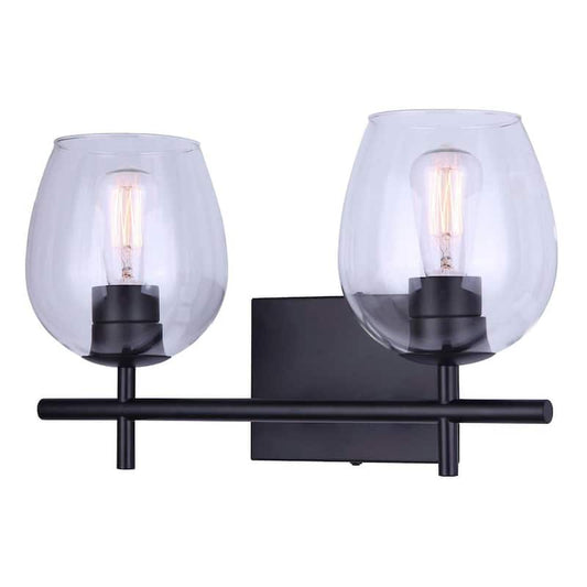 Cain 15.75 in. 2-Light Matte Black Vanity Light with Clear Glass Shade