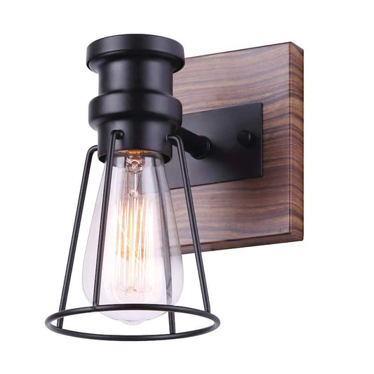 Blake 5 in. 1-Light Matte Black and Faux Wood Vanity Light