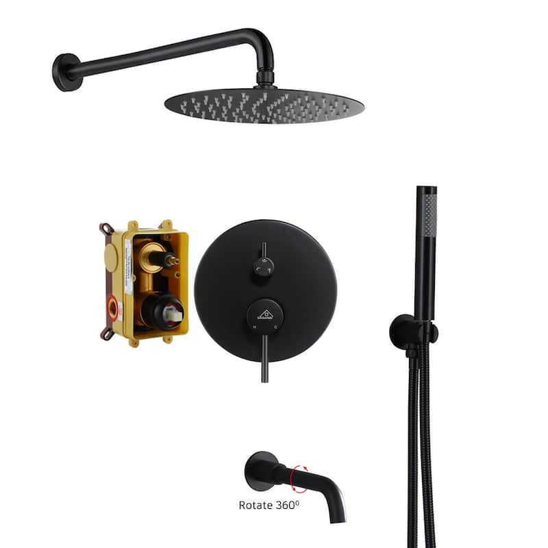 1-Spray Patterns Round 10 in. Wall Mount Dual Shower Heads with Handheld and Tub Faucet in Matte Black