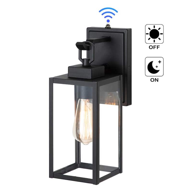 1-Light Matte Black Dusk to Dawn Hardwired Outdoor Wall Lantern Sconce with Clear Tempered Glass