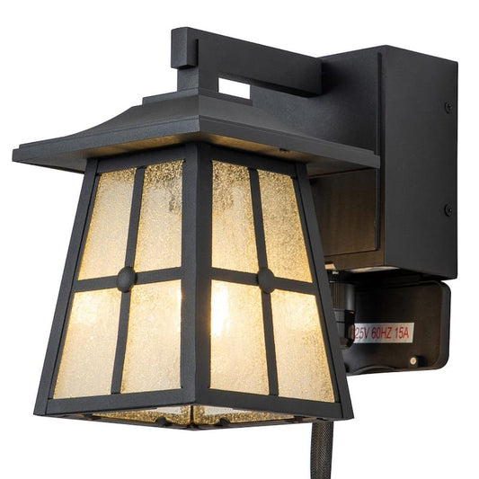 1-Light Matte Black Aluminum Hardwired Outdoor Wall Lantern Sconce with Seeded Glass and Built-In GFCI Outlets