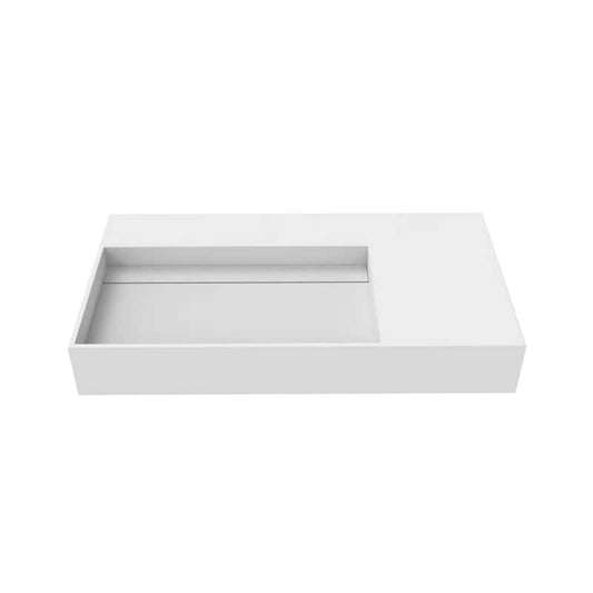 Juniper 35.43 in. Wall Mount Solid Surface Left Basin Rectangle Non Vessel Bathroom Sink No Faucet Hole in Matte White