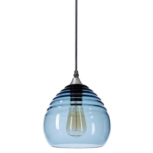 Ripple 8 in. W x 7 in. H 1-Light Silver Hand Blown Glass Pendant Light with Grey-Blue Glass Shade