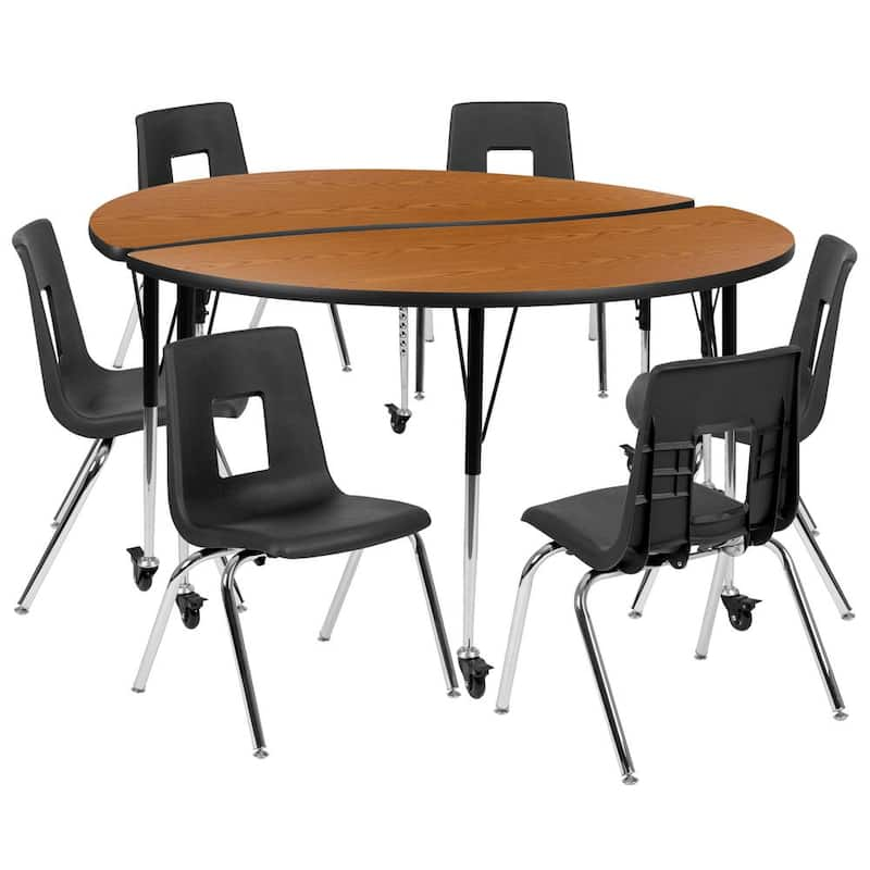 Mobile 60 in. Circle Wave Collaborative Laminate Activity Table Set with 18 in. Student Stack Chairs, Oak/Black