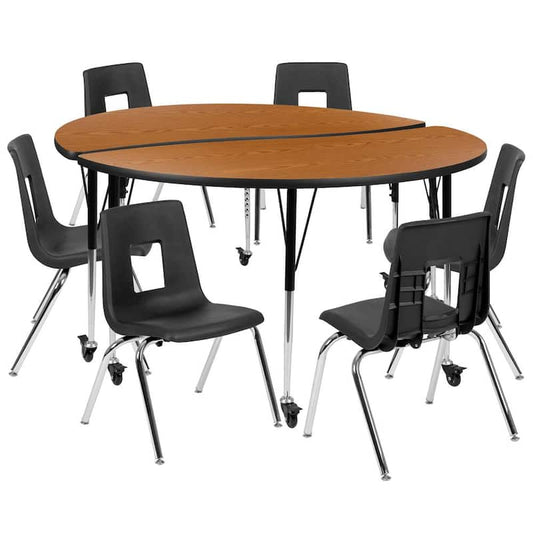 Mobile 60 in. Circle Wave Collaborative Laminate Activity Table Set with 18 in. Student Stack Chairs, Oak/Black