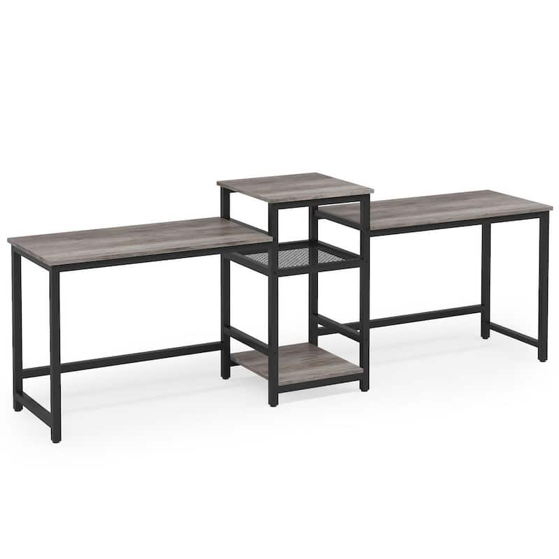 Moronia 96.9 in. Oak Grey Double Computer Writing Desk with Open Shelves, Extra Long 2-Person Desk with Printer Shelf