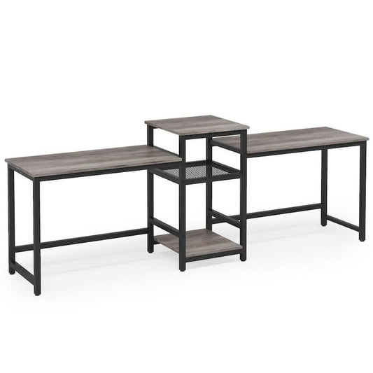 Moronia 96.9 in. Oak Grey Double Computer Writing Desk with Open Shelves, Extra Long 2-Person Desk with Printer Shelf