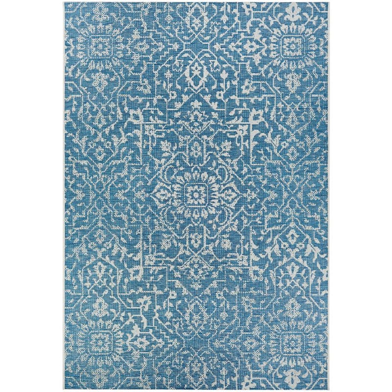 Monte Carlo Palmette Ocean-Ivory 5 ft. 10 in. x 9 ft. 2 in. Indoor/Outdoor Area Rug