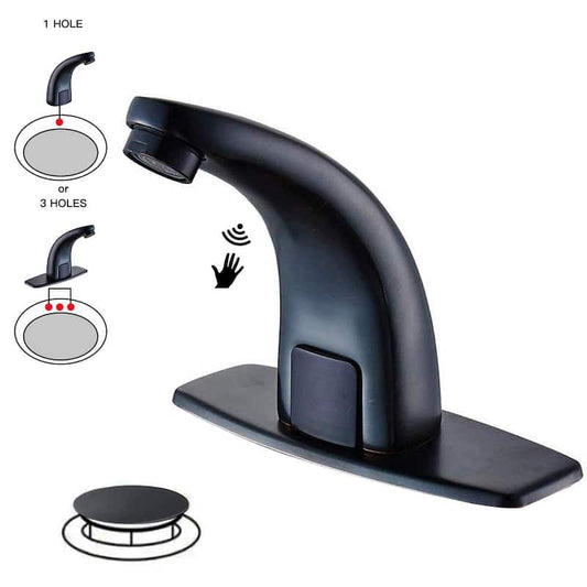 DC Powered Commercial Touchless Single Hole Bathroom Faucet With Deck Plate & Pop Up Drain In Oil Rubbed Bronze