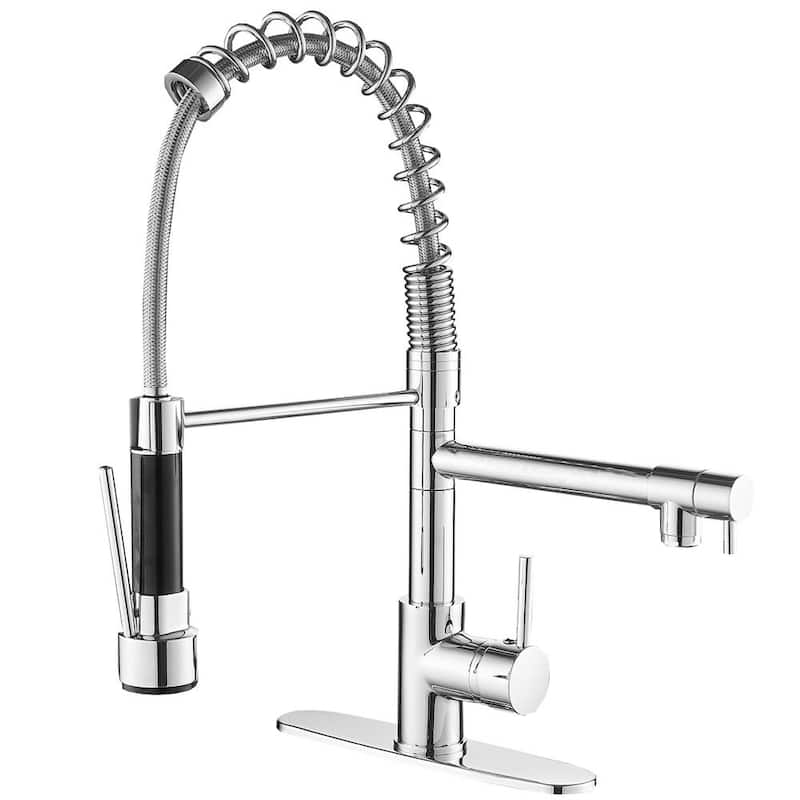 Single-Handle Pull-Down Sprayer 2 Spray High Arc Kitchen Faucet With Deck Plate in Polished Chrome