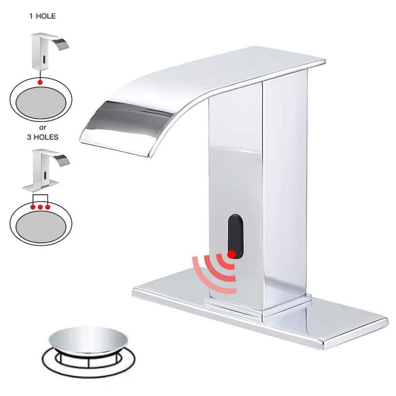 Battery Powered Touchless Single Hole Bathroom Faucet Sensor Deck Mount With Drain Kit In Polished Chrome