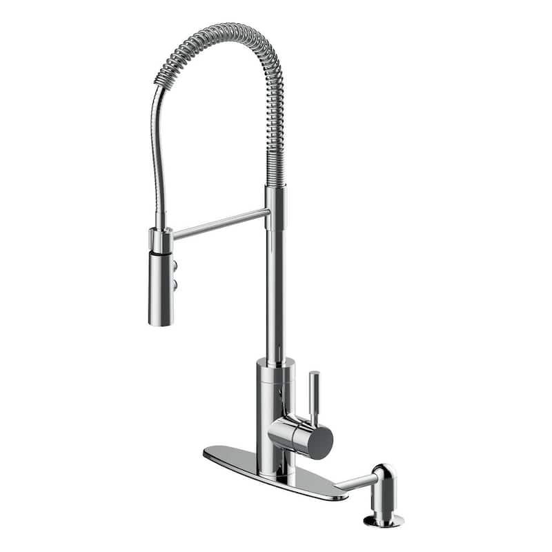 Industrial Single-Handle Pull-Down Sprayer Kitchen Faucet with Soap Dispenser in Polished Chrome