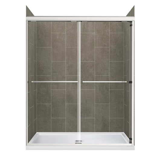 Cove Sliding 48 in. L x 34 in. W x 78 in. H Center Drain Alcove Shower Stall Kit in Quarry and Brushed Nickel Hardware