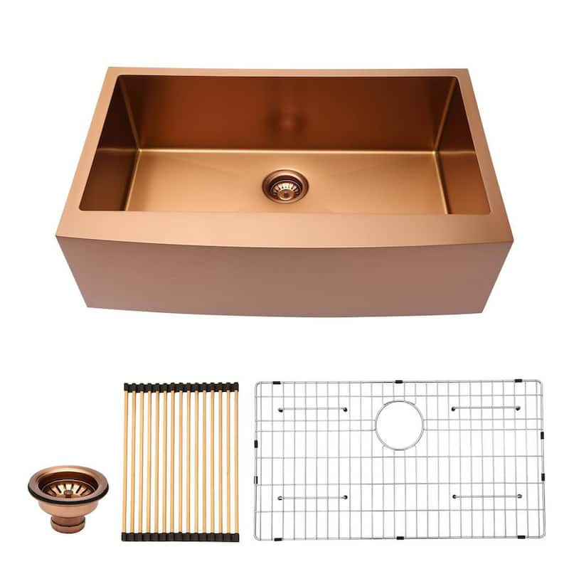 Rose Gold Stainless Steel 30 in. Single Bowl Farmhouse Apron Kitchen Sink with Bottom Grid