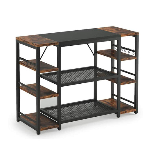 Bryauna Rustic Brown and Black Kitchen Baker's Rack Island Table with Large Worktop and 8 Open Shelves & 12 Hooks