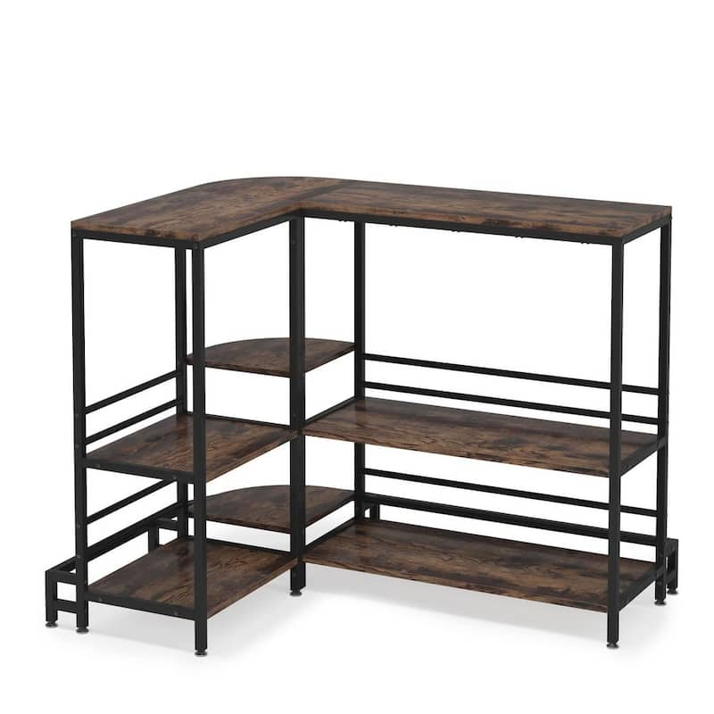 Kearsten Dark Brown L-Shaped Corner Bar Table Station with 3-Tier Open Storage and Wine Glass Holder