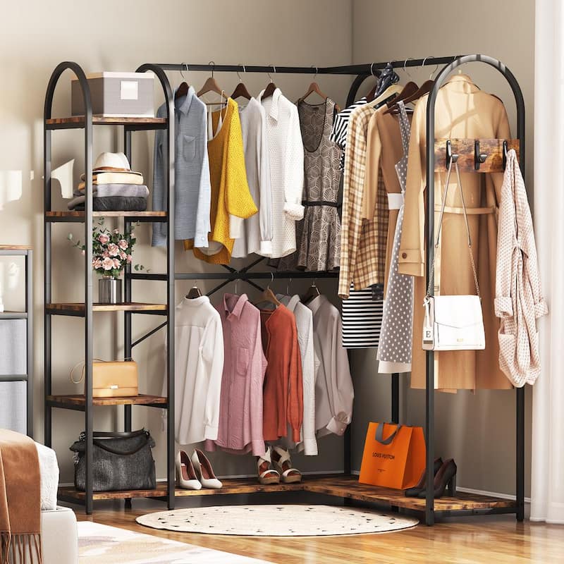 Carmalita Rustic Brown and Black L-Shaped Corner Garment Rack Closet Organizer with Storage Shelves and Coat Rack