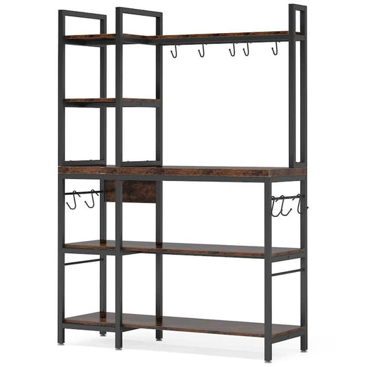 Keenyah Rustic Brown 5-Tier Kitchen Bakers Racks with 5 S-Shaped Hooks 43.3 in. W x 15.7 in.D x 62.9 in.H