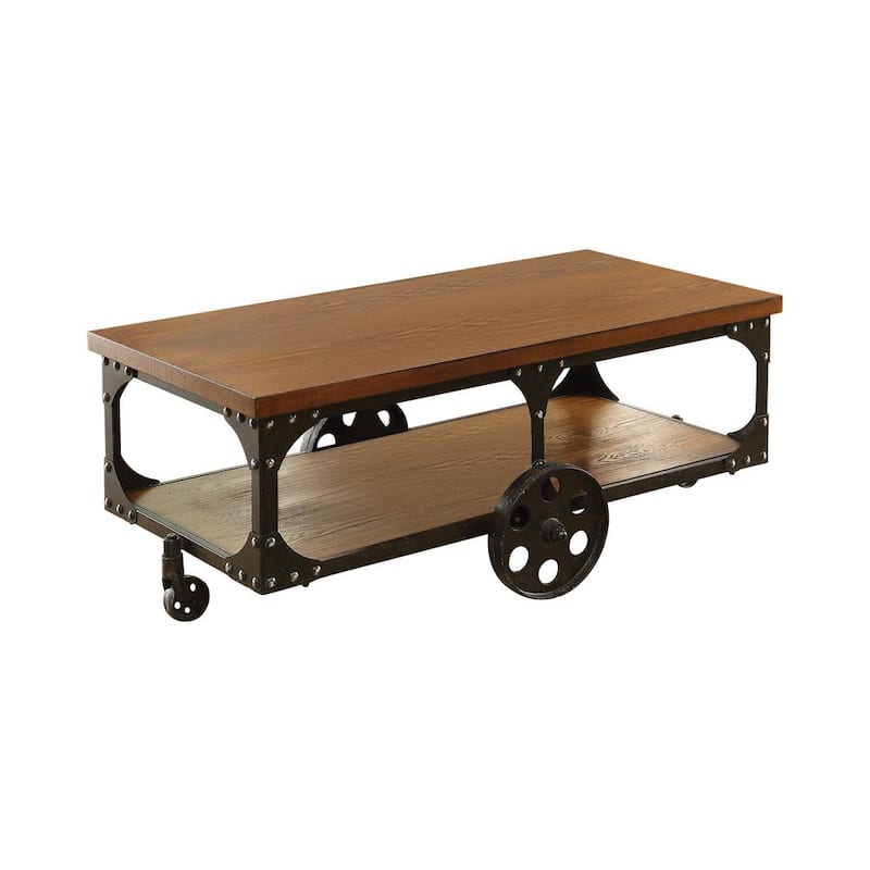 Roy 48 in Rustic Brown Rectangle Wood Coffee Table with Casters and Bottom Shelf