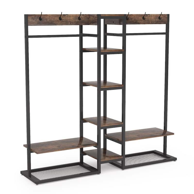 Carmalita Rustic Brown Freestanding Closet Organizer Garment Rack with Double Hanging Rods, 6-Hooks and Storage Shelves