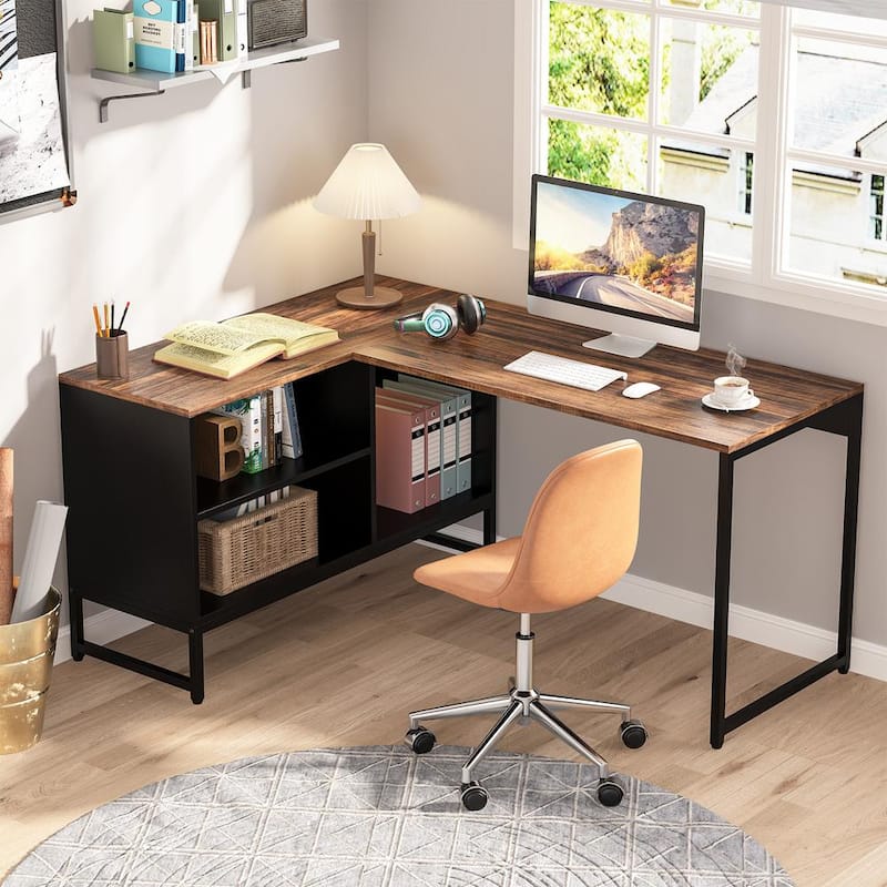 Lanita 60 in. L Shaped Desk Rustic Brown Black Engineered Wood Metal Frame Computer Desk with File Cabinet