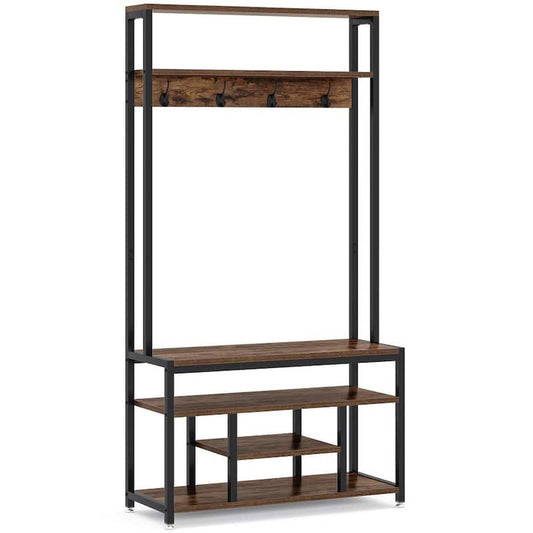 Carmalita Brown Industrial Entryway Hall Tree Coat Rack with Shoe Storage Shelf and Hooks