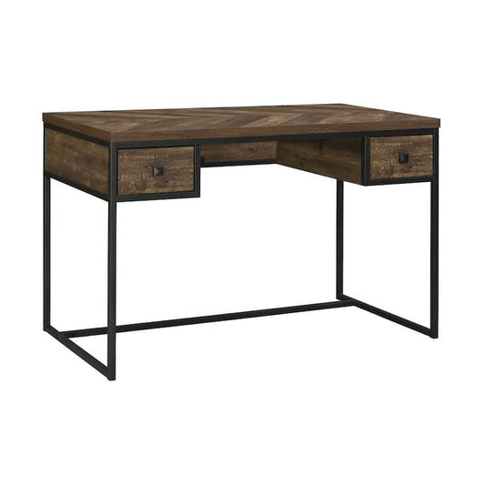 Millbrook 47.25 in. Rectangular Rustic Oak Herringbone and Gunmetal 2-Drawer Writing Desk