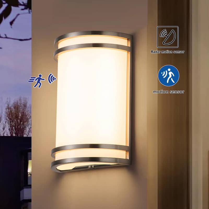 1-Light Satin Nickel Aluminum 15-Watt LED Radar Sensor Outdoor Wall Light with Acrylic Shade