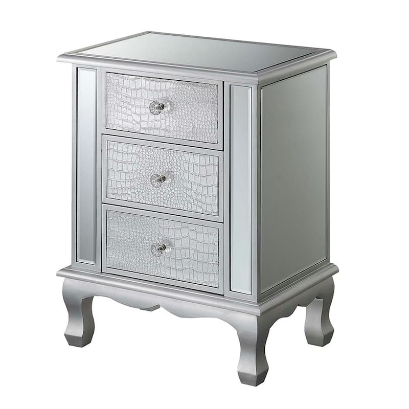 Gold Coast Vineyard 12 in. Silver Faux Croc Standard Rectangular Mirrored End Table with 3-Drawers