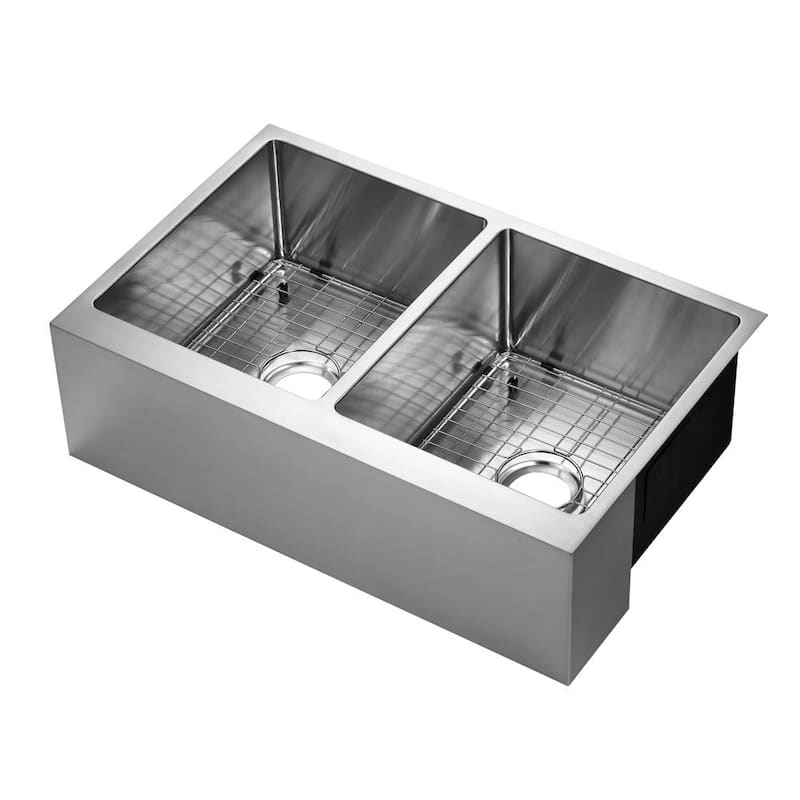 Belleville Undermount Stainless Steel 33 in. 50/50 Double Bowl Flat Farmhouse Apron Front Kitchen Sink