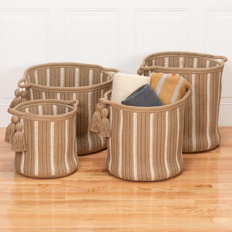 Dublin 14 in. x 14 in. x 14 in. Taupe and White Round Polypropylene Braided Basket