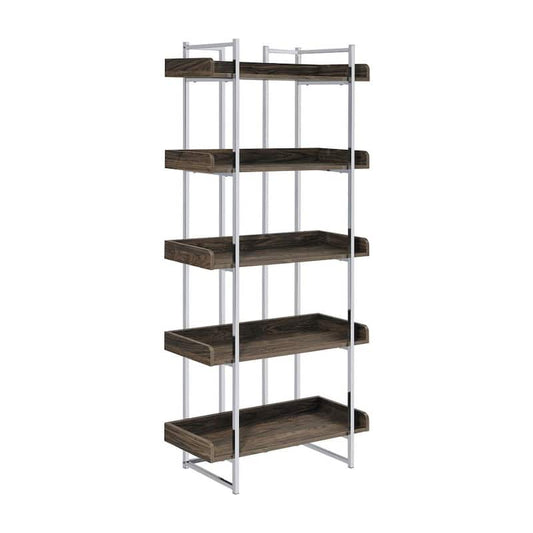 Angelica 70.25 in. Walnut and Chrome Metal 5-Shelf Bookcase