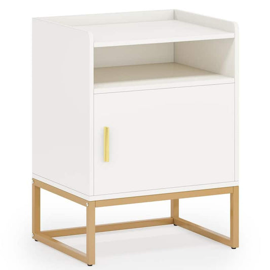 Fenley White and Gold Modern Nightstand with Cabinet and Storage Shelf, 26.8 in. H x 19.7 in. W x 15.8 in. D