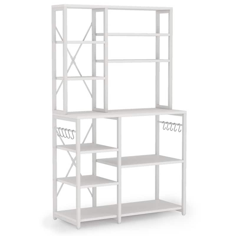 Keenyah 67 in. White Kitchen Baker's Rack, Metal Frame Kitchen Utility Storage Shelf Table with 10 S-Hooks