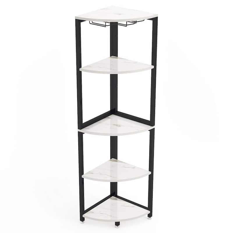 Eulas 63 in. White Wood 5 Shelf Standard Corner Shelf, Corner Wine Rack with Glass Holder, Wine Bar Cabinet