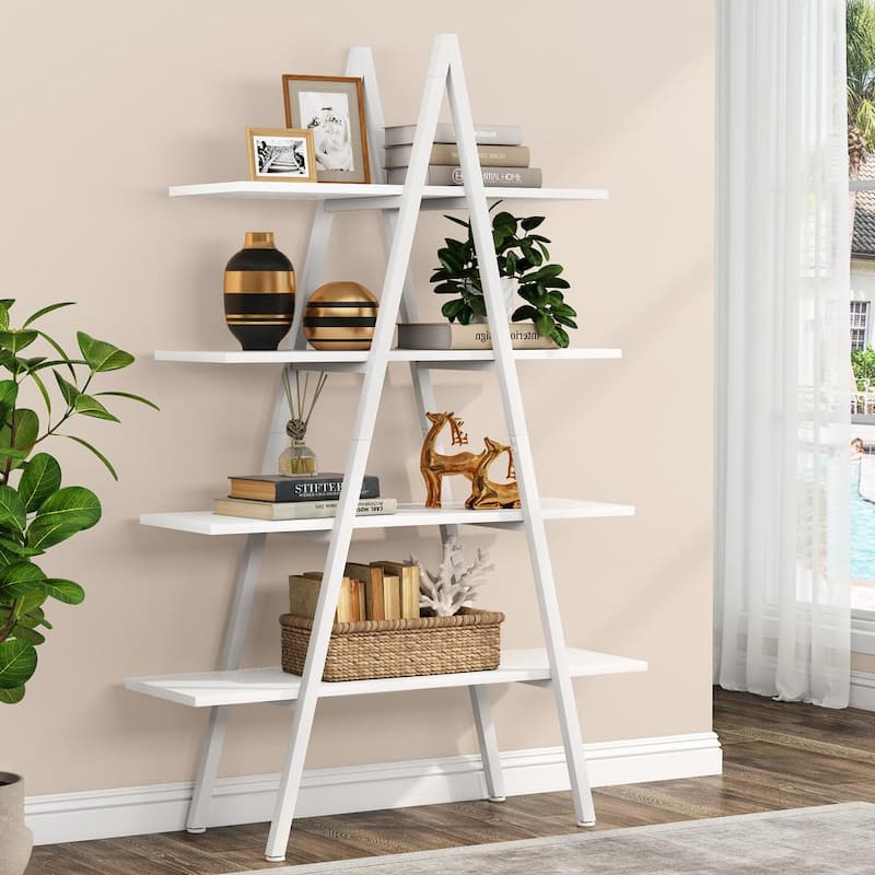 Eulas 65 in. White Wood 4-Shelf Ladder Bookcase, A-Shaped Bookcase Leaning Plant Stand Storage Rack