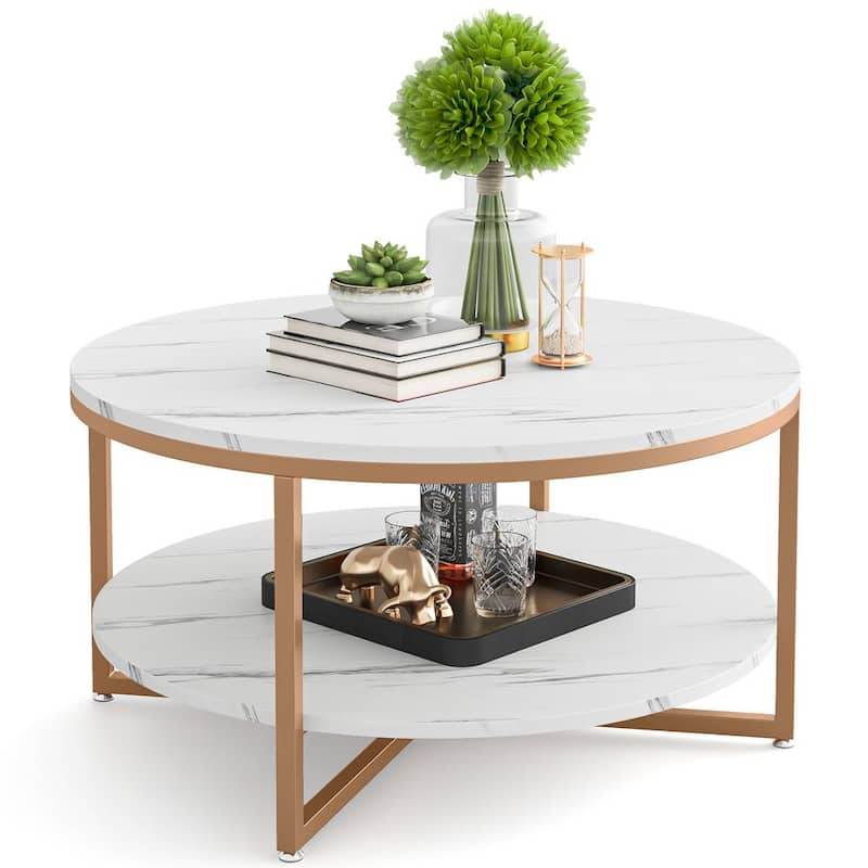 Allan 35.4 in. White Tabletop Round Coffee Table with Gold Metal Legs Open Storage Shelf