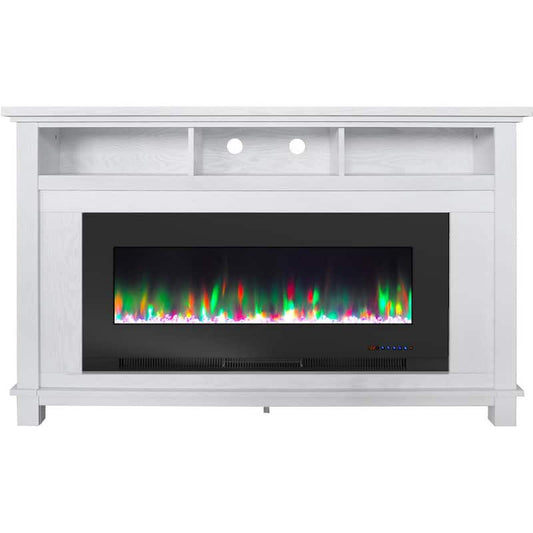 San Jose 58 in. Freestanding Electric Fireplace Entertainment Stand in White with 50 in. Insert and Crystal Rock Display