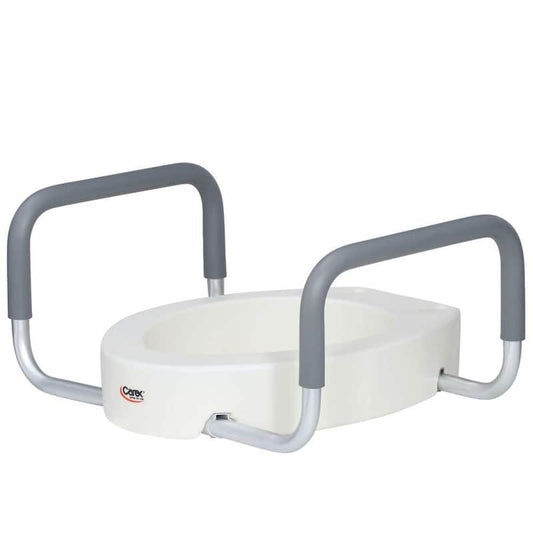 Elevated Toilet Seat with Handles in White for Elongated Toilets