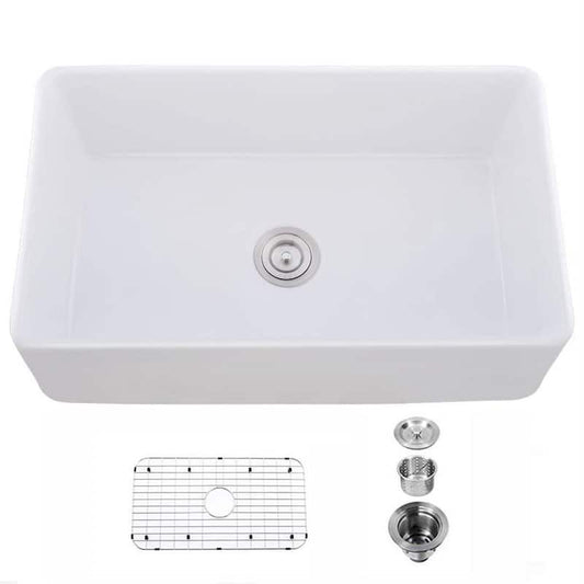 Ceramic 33 in. Single Bowl Farmhouse Apron Kitchen Sink with Bottom Grid and Basket Strainer