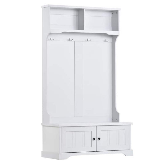 White 3-in-1 Design Modern Hall Tree Entryway Bench Cabinet with Shelves and 4 Hooks