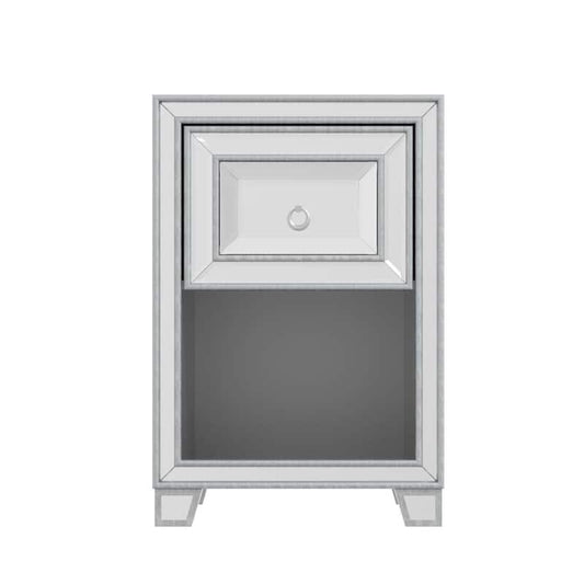 Silver Trim Glass Storage Cabinet with Drawer and Shelf in White