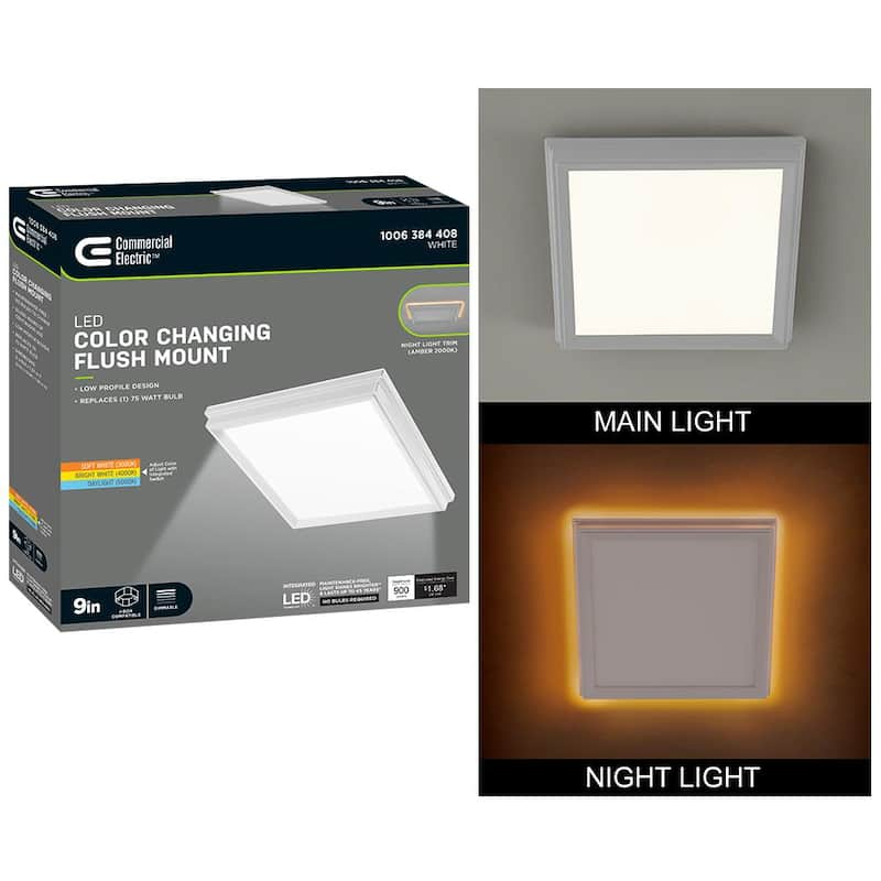 Low Profile 9 in. White Square LED Flush Mount with Night Light Feature J-Box Compatible Dimmable 900 Lumens