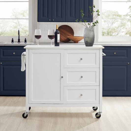 Soren White Kitchen Island with Stainless Steel Top