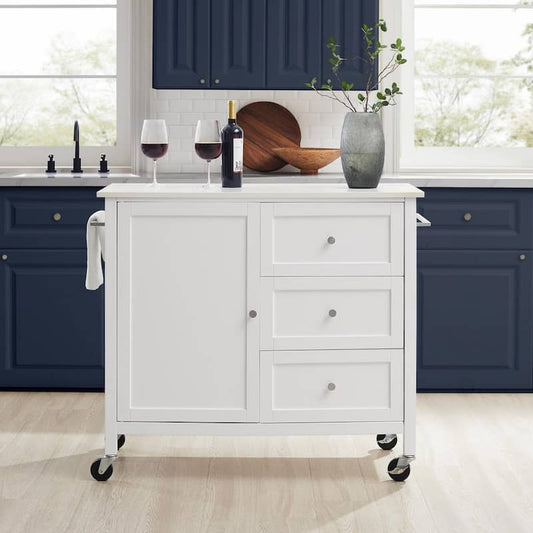 Soren White Kitchen Island with White Stone Top