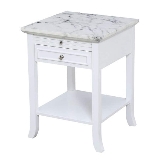 American Heritage White Faux Marble and White Logan End Table with Drawer and Slide