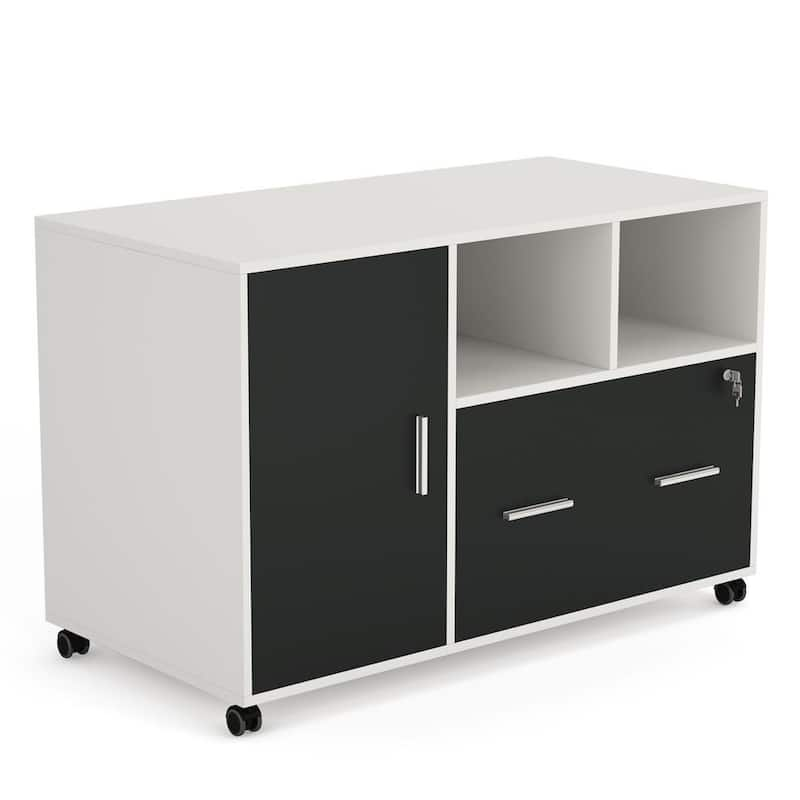 Atencio White File Cabinet with Lock and Drawer, Modern Mobile Lateral Filing Cabinet Printer Stand