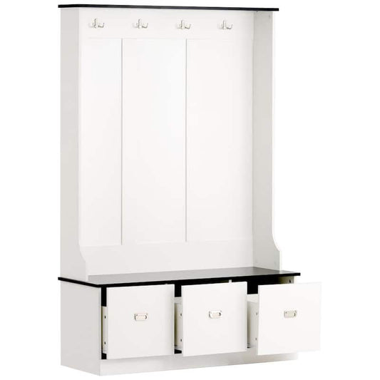 White 2-tone Hall Tree with 4-Hooks and 3 Large Drawers, Coat Hanger, Entryway Bench, Storage Bench, 3-in-1 Design